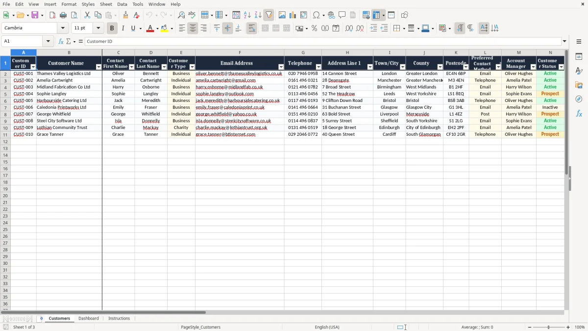 Screenshot 1: Customers tab - Excel template customer database excel template uk