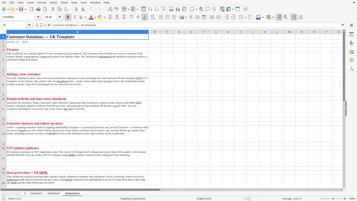 Screenshot 3: Instructions tab - Excel template customer database excel template uk