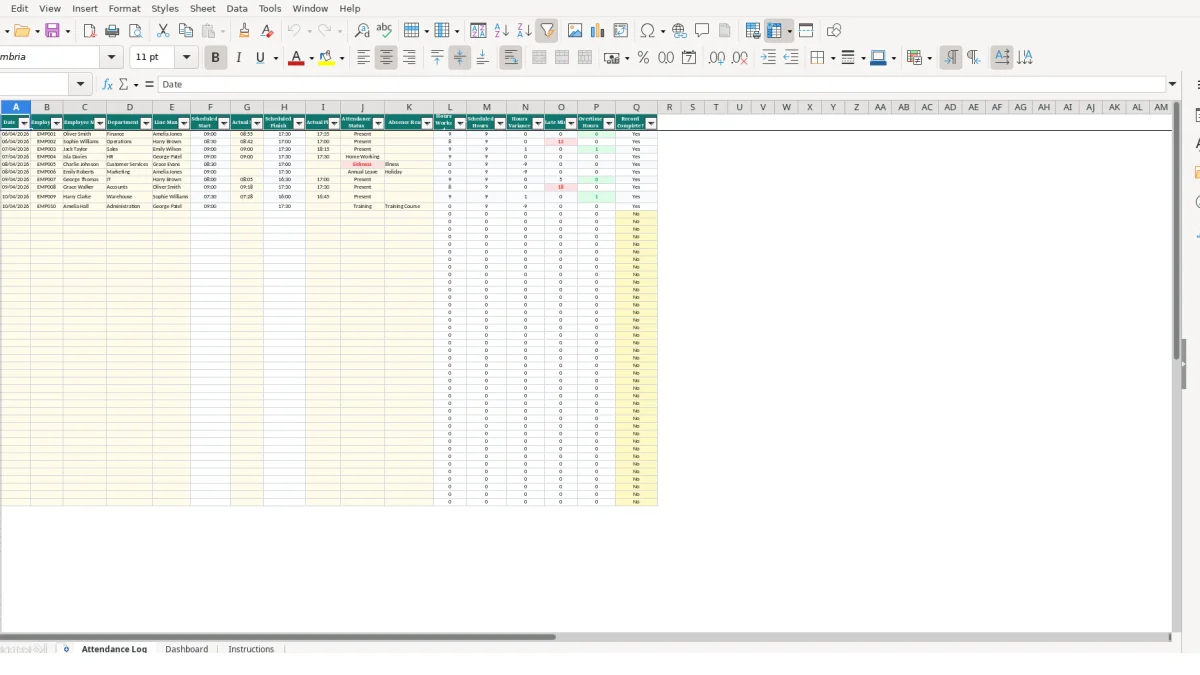 Screenshot 1: Attendance Log tab - Excel template employee attendance tracker excel template uk