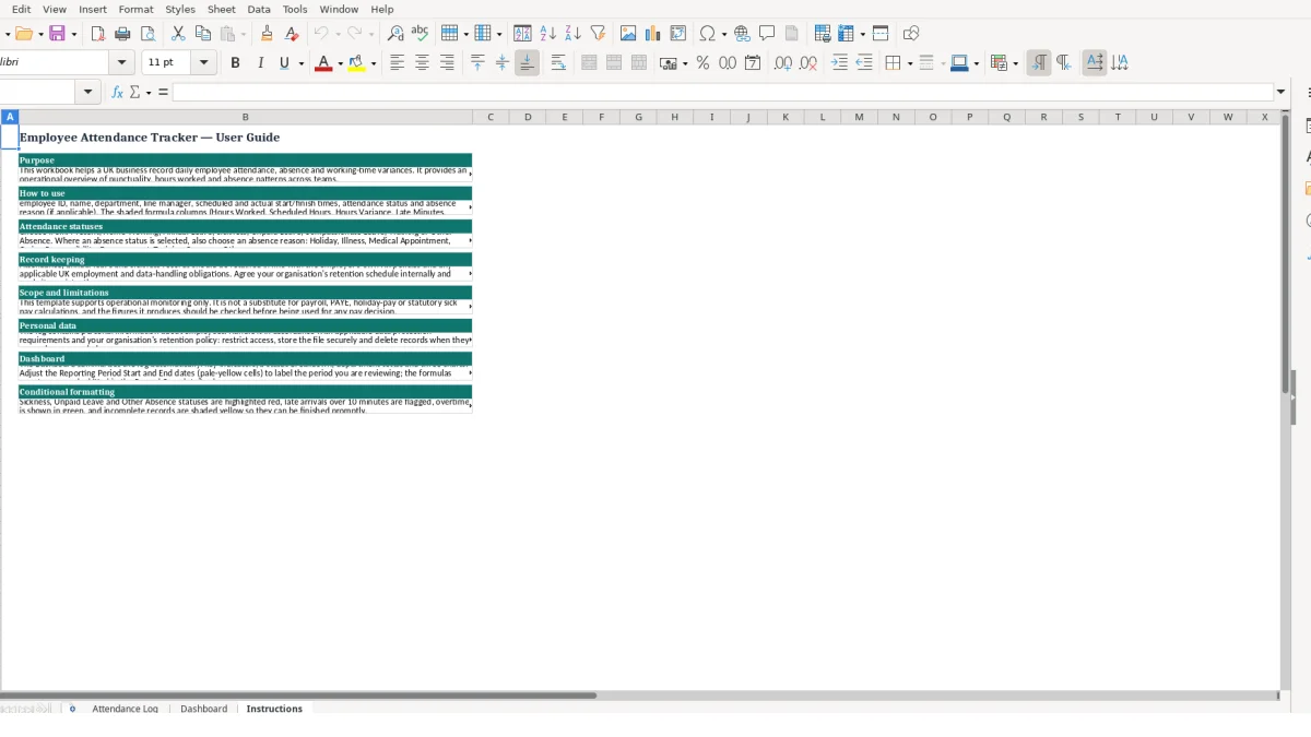 Screenshot 3: Instructions tab - Excel template employee attendance tracker excel template uk