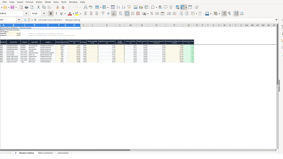 Screenshot 1: Recipe Costing tab - Excel template food cost calculator excel template uk
