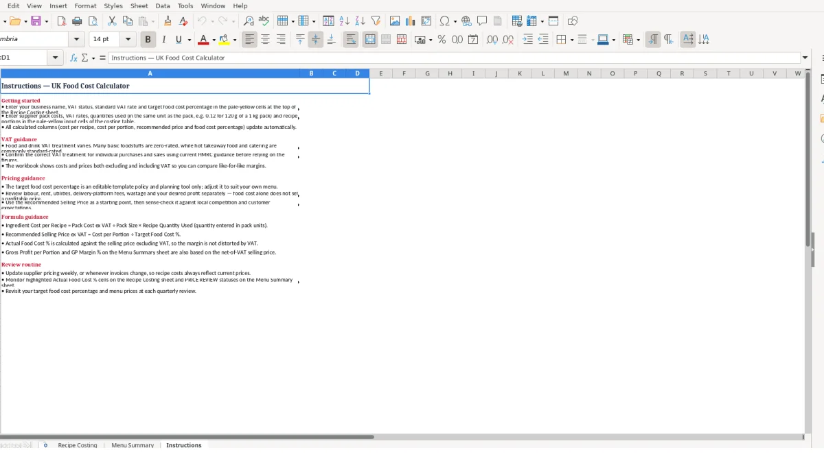 Screenshot 3: Instructions tab - Excel template food cost calculator excel template uk