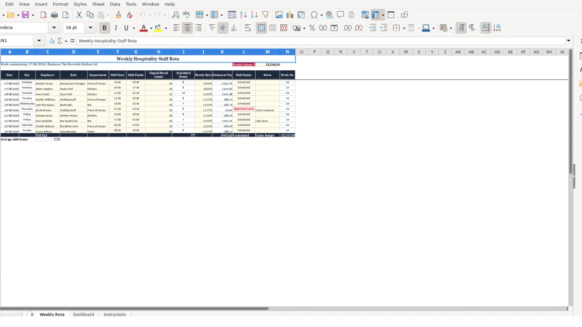 Screenshot 1: Weekly Rota tab - Excel template hospitality rota excel template uk
