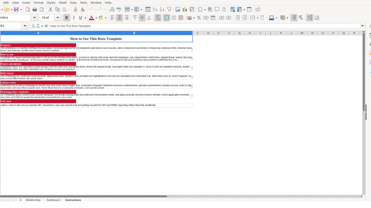 Screenshot 3: Instructions tab - Excel template hospitality rota excel template uk