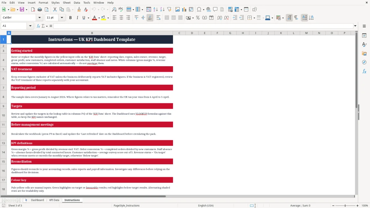 Screenshot 3: Instructions tab - Excel template kpi dashboard excel template uk