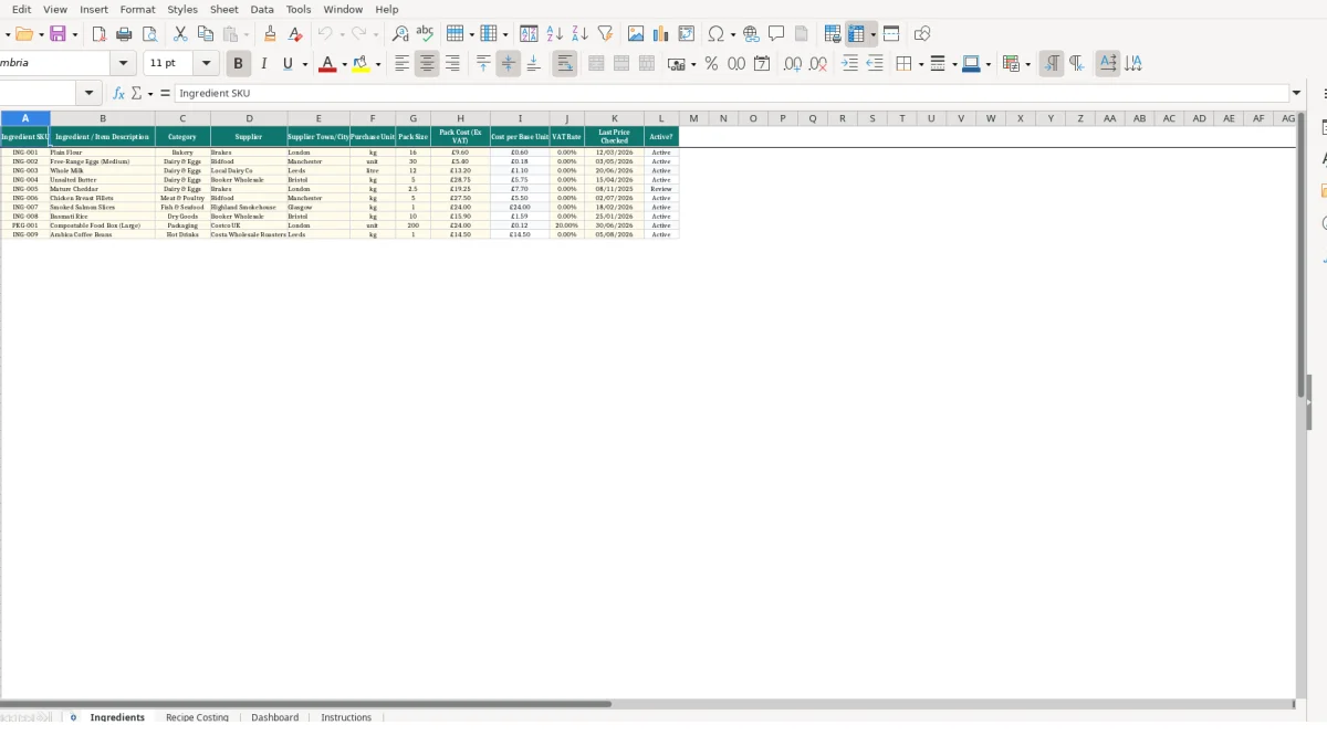 Screenshot 1: Ingredients tab - Excel template recipe costing excel template uk