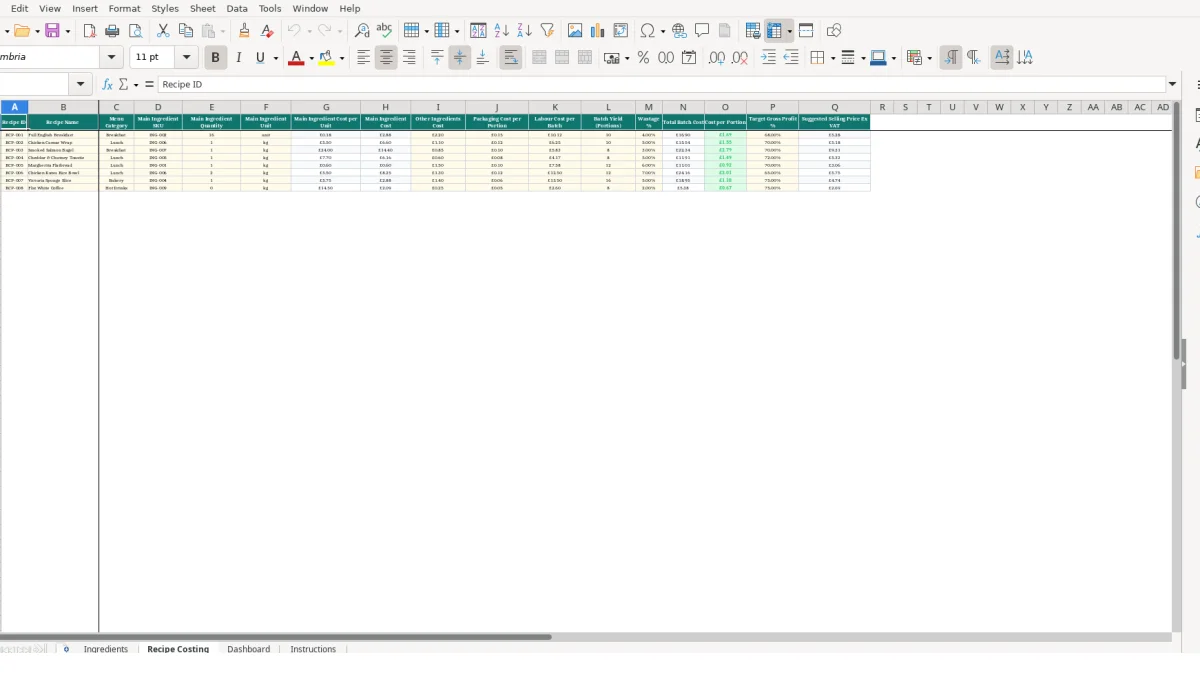 Screenshot 2: Recipe Costing tab - Excel template recipe costing excel template uk