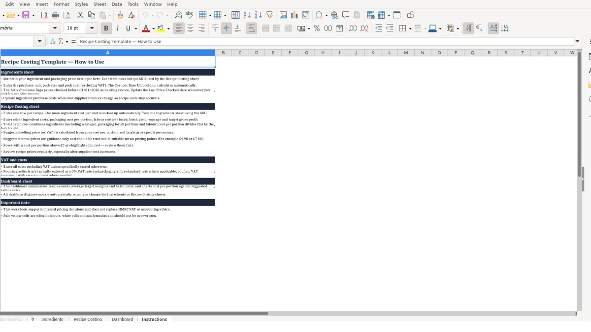 Screenshot 4: Instructions tab - Excel template recipe costing excel template uk