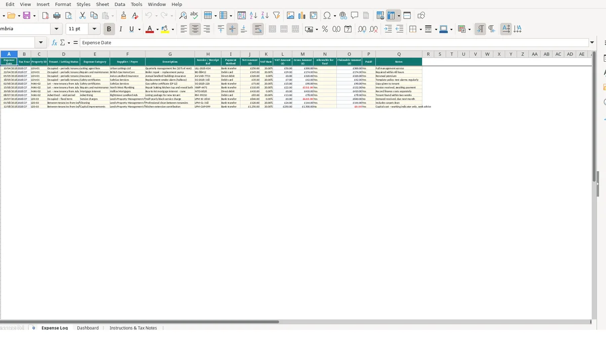 Screenshot 1: Expense Log tab - Excel template rental property expenses excel template uk