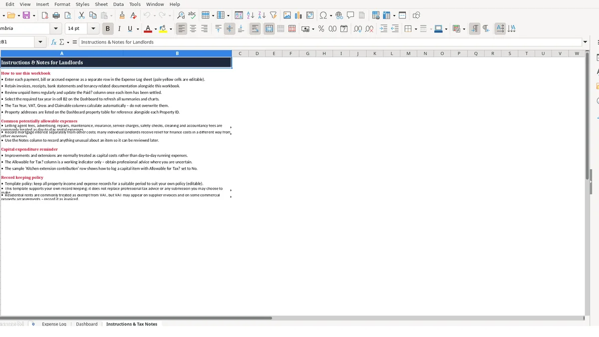 Screenshot 3: Instructions & Tax Notes tab - Excel template rental property expenses excel template uk