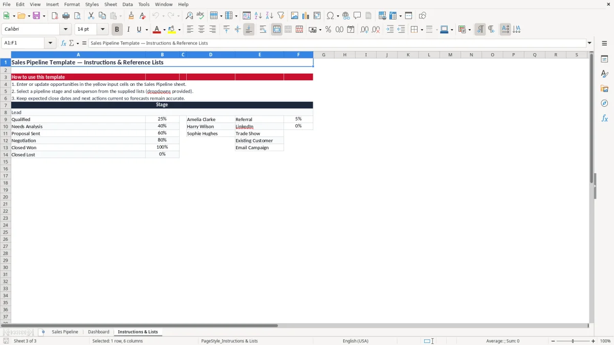 Screenshot 3: Instructions & Lists tab - Excel template sales pipeline excel template uk