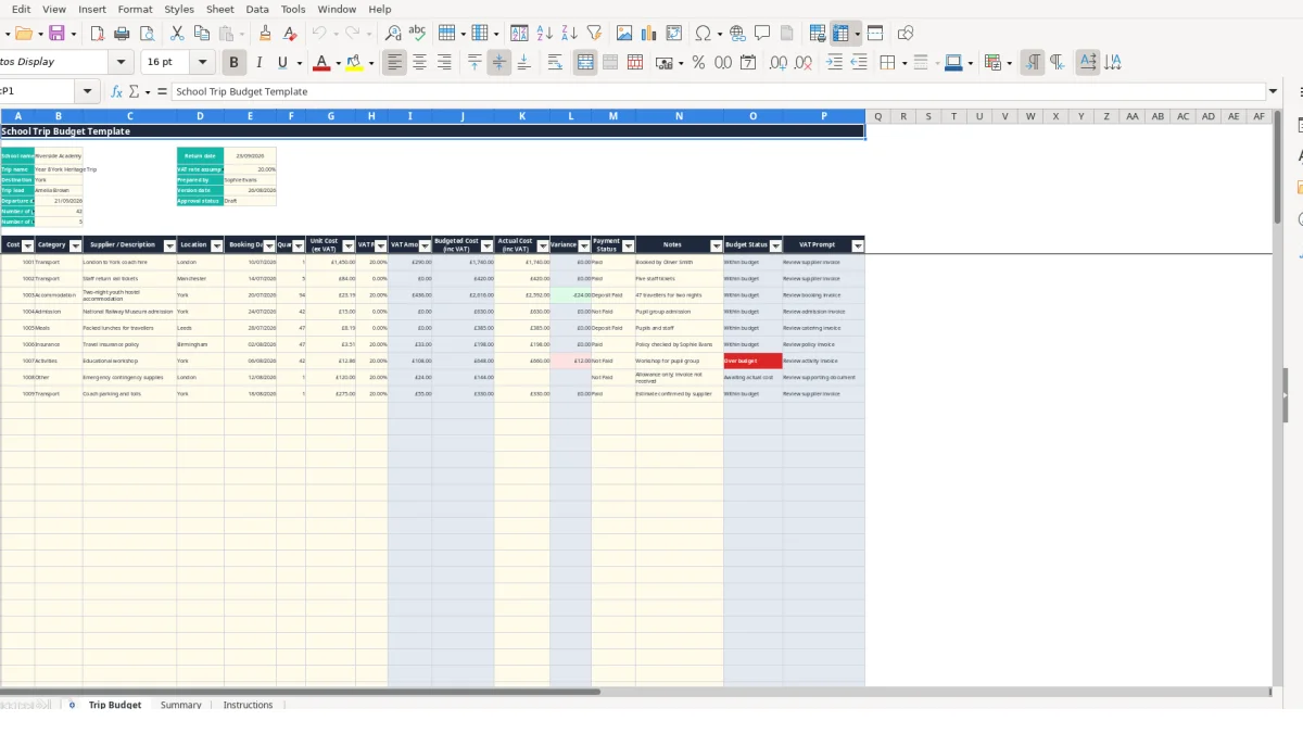 Screenshot 1: Trip Budget tab - Excel template school trip budget excel template uk