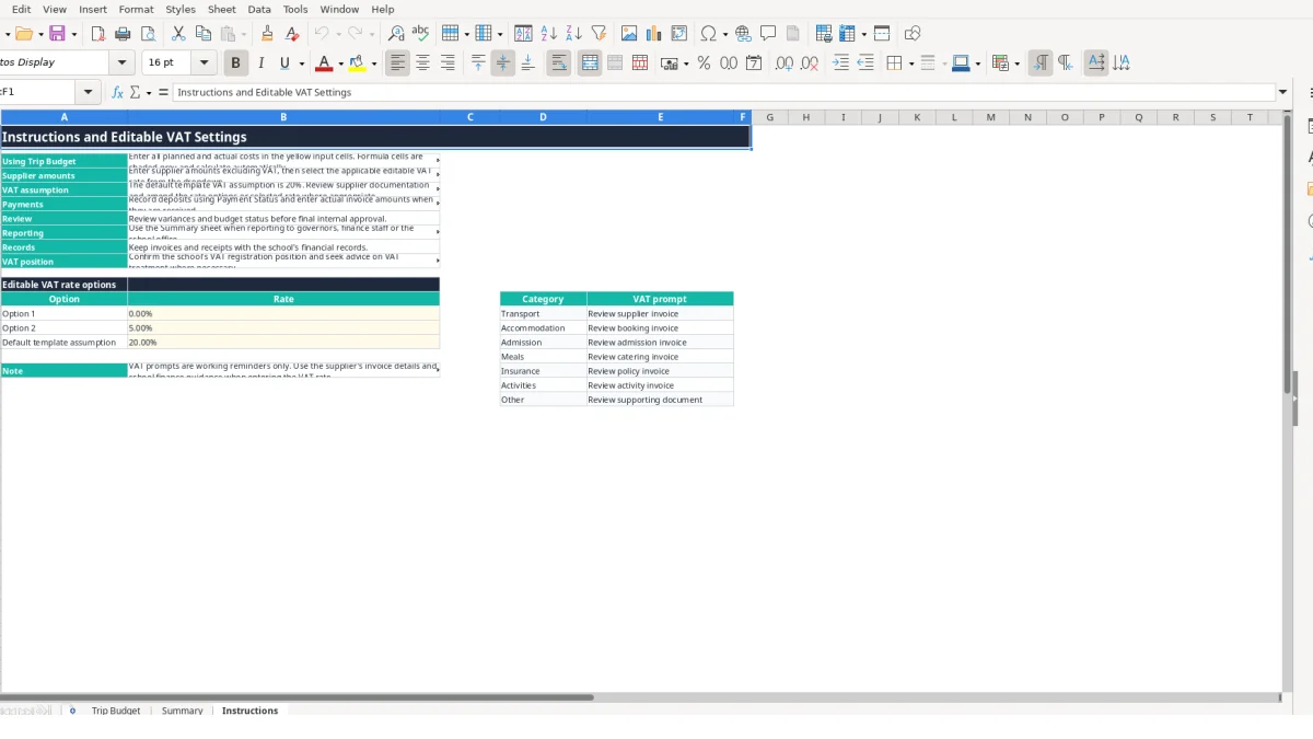 Screenshot 3: Instructions tab - Excel template school trip budget excel template uk