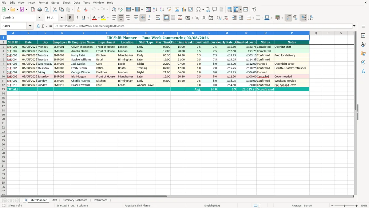Screenshot 1: Shift Planner tab - Excel template shift planner excel template uk