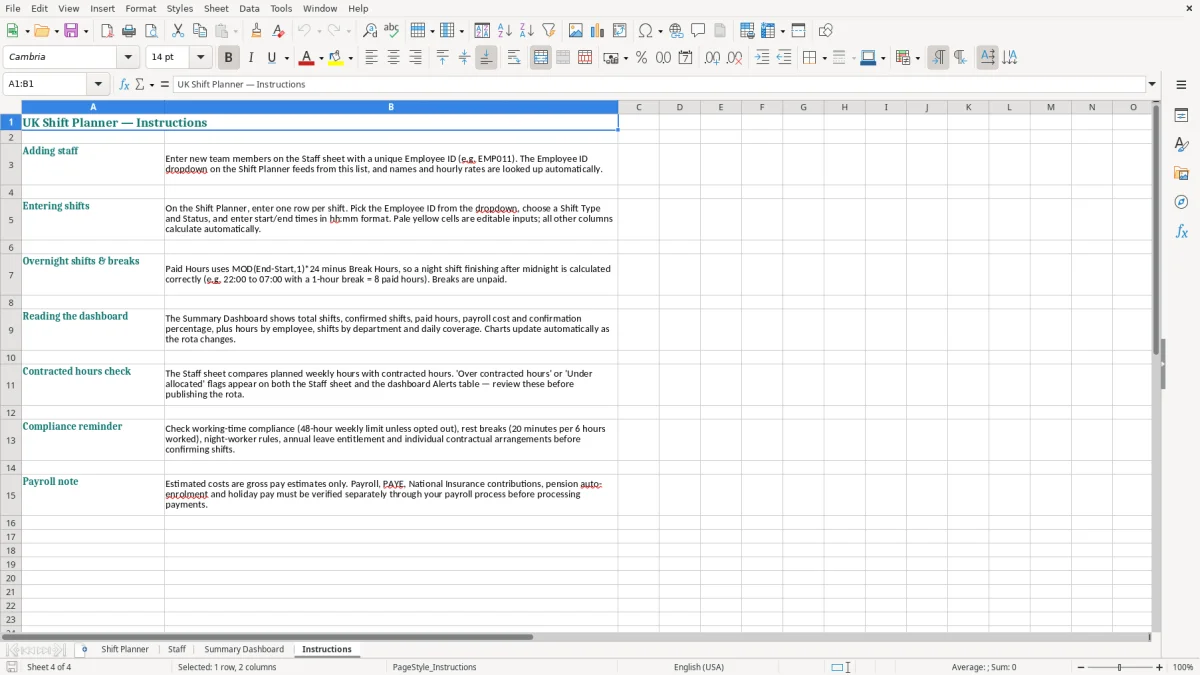Screenshot 4: Instructions tab - Excel template shift planner excel template uk