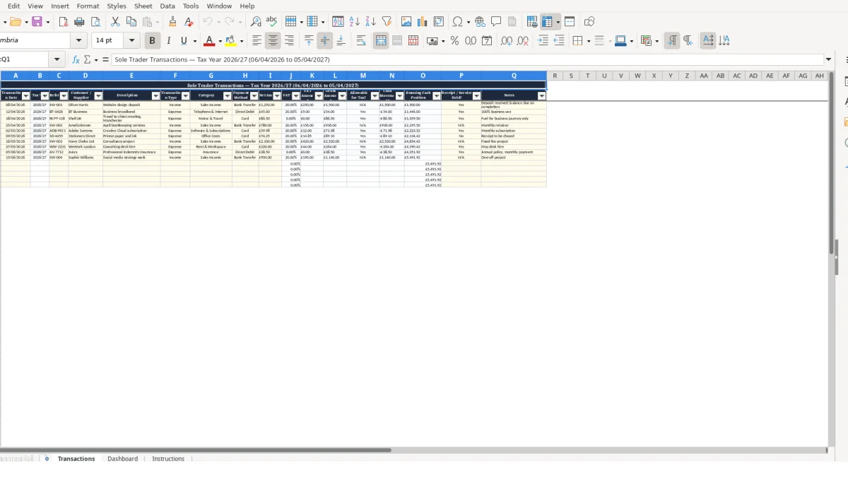 Screenshot 1: Transactions tab - Excel template sole trader accounts excel template uk
