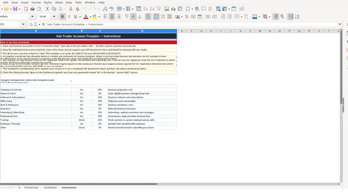 Screenshot 3: Instructions tab - Excel template sole trader accounts excel template uk