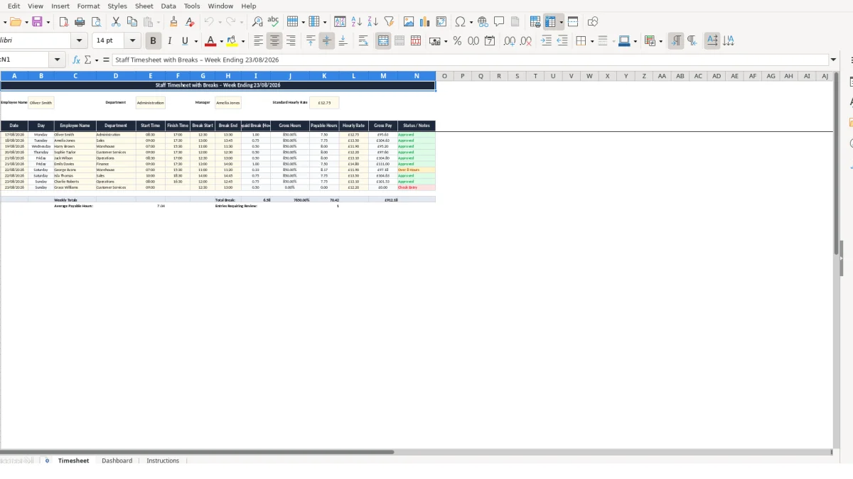 Screenshot 1: Timesheet tab - Excel template staff timesheet with breaks excel template uk