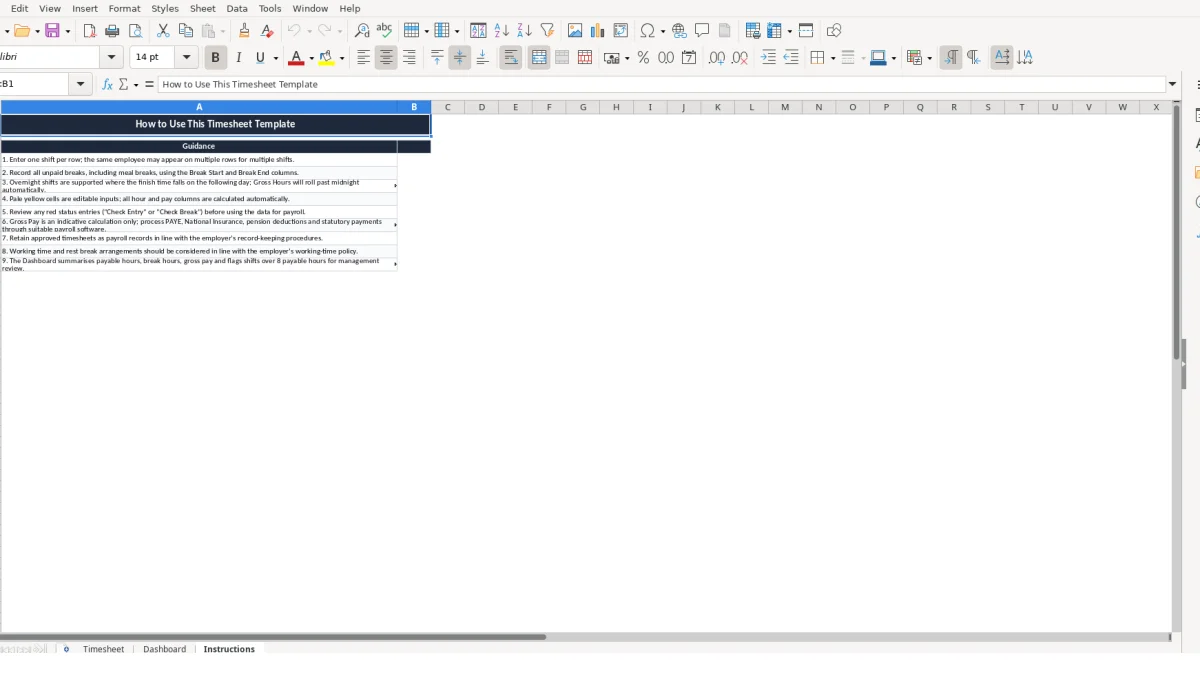 Screenshot 3: Instructions tab - Excel template staff timesheet with breaks excel template uk