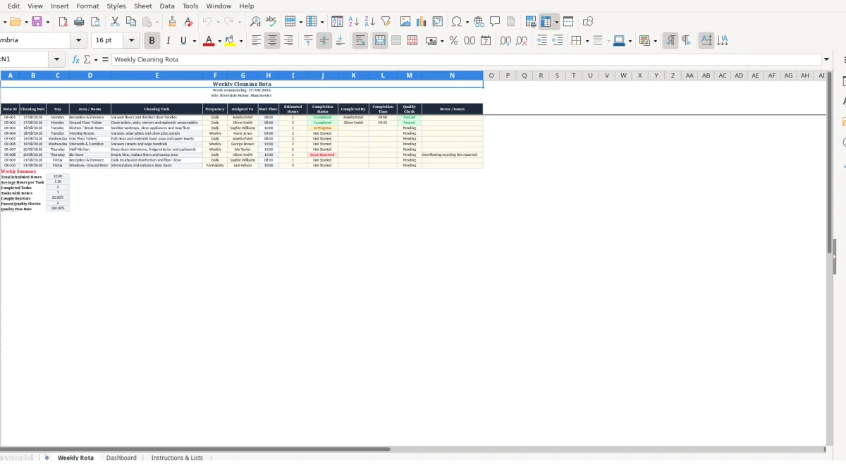 Screenshot 1: Weekly Rota tab - Excel template weekly cleaning rota excel template uk