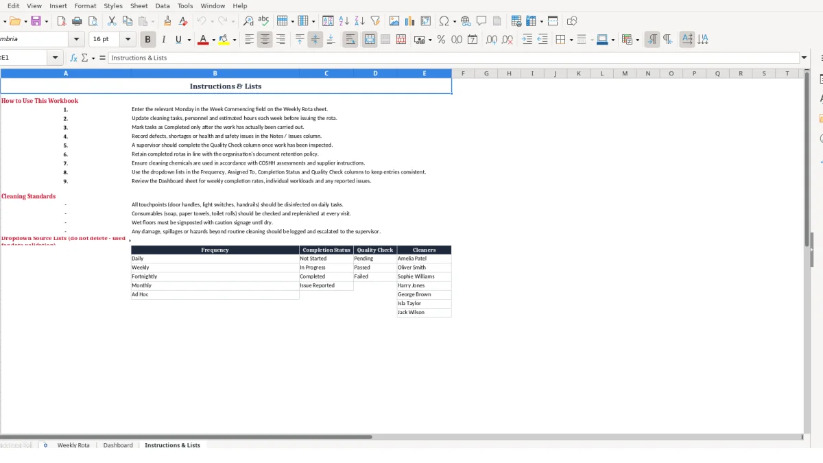 Screenshot 3: Instructions & Lists tab - Excel template weekly cleaning rota excel template uk