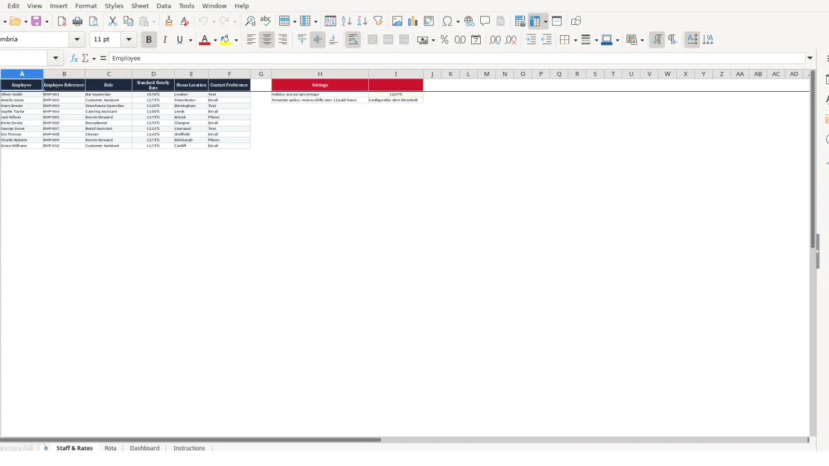 Screenshot 1: Staff & Rates tab - Excel template zero hours rota excel template uk