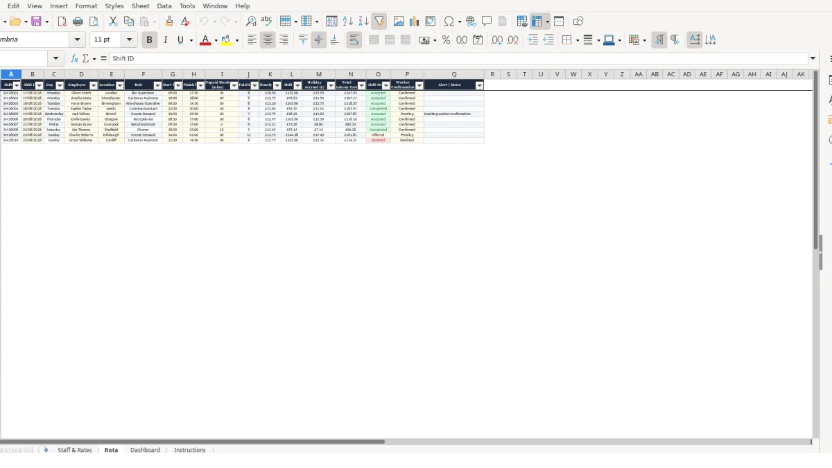 Screenshot 2: Rota tab - Excel template zero hours rota excel template uk