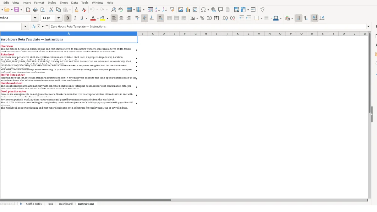Screenshot 4: Instructions tab - Excel template zero hours rota excel template uk