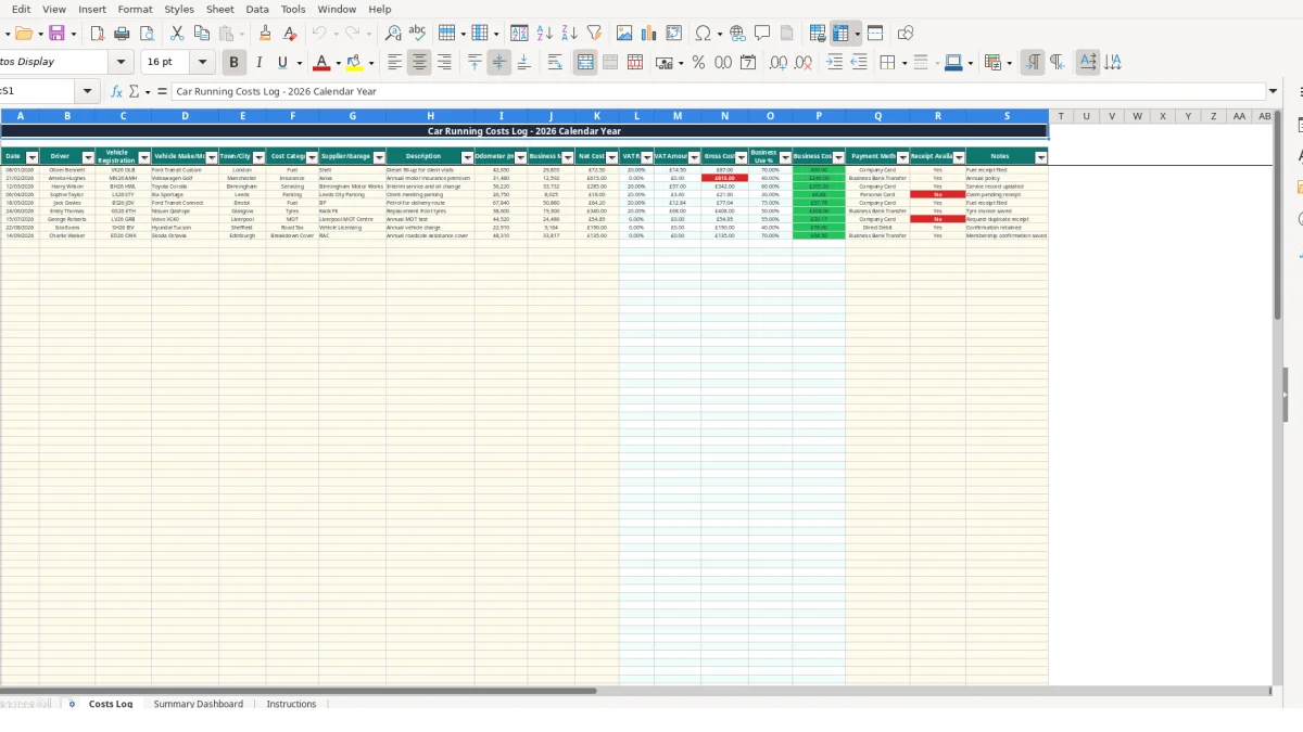 Screenshot 1: Costs Log tab - Excel template car running costs excel template uk