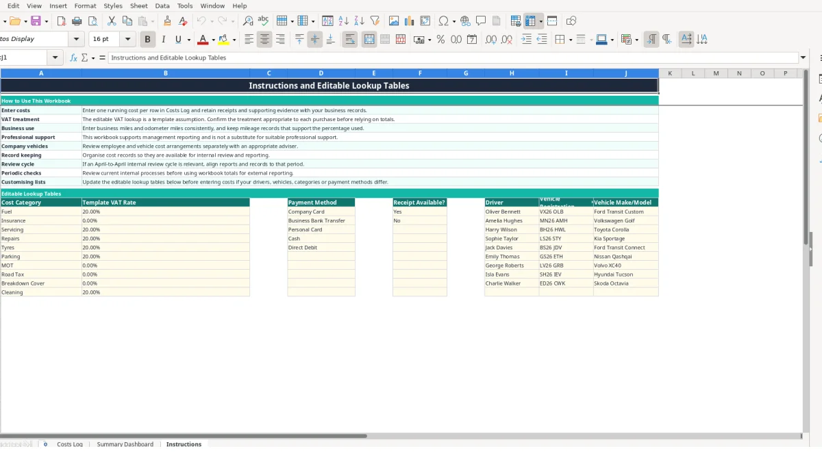Screenshot 3: Instructions tab - Excel template car running costs excel template uk