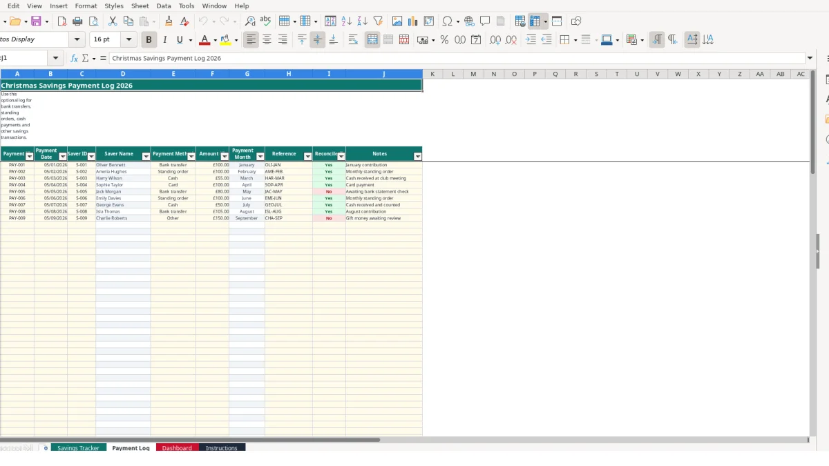 Screenshot 2: Payment Log tab - Excel template christmas savings tracker excel template uk