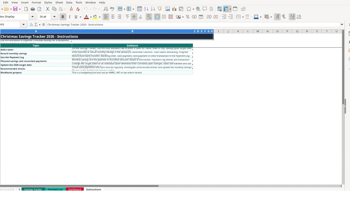 Screenshot 4: Instructions tab - Excel template christmas savings tracker excel template uk