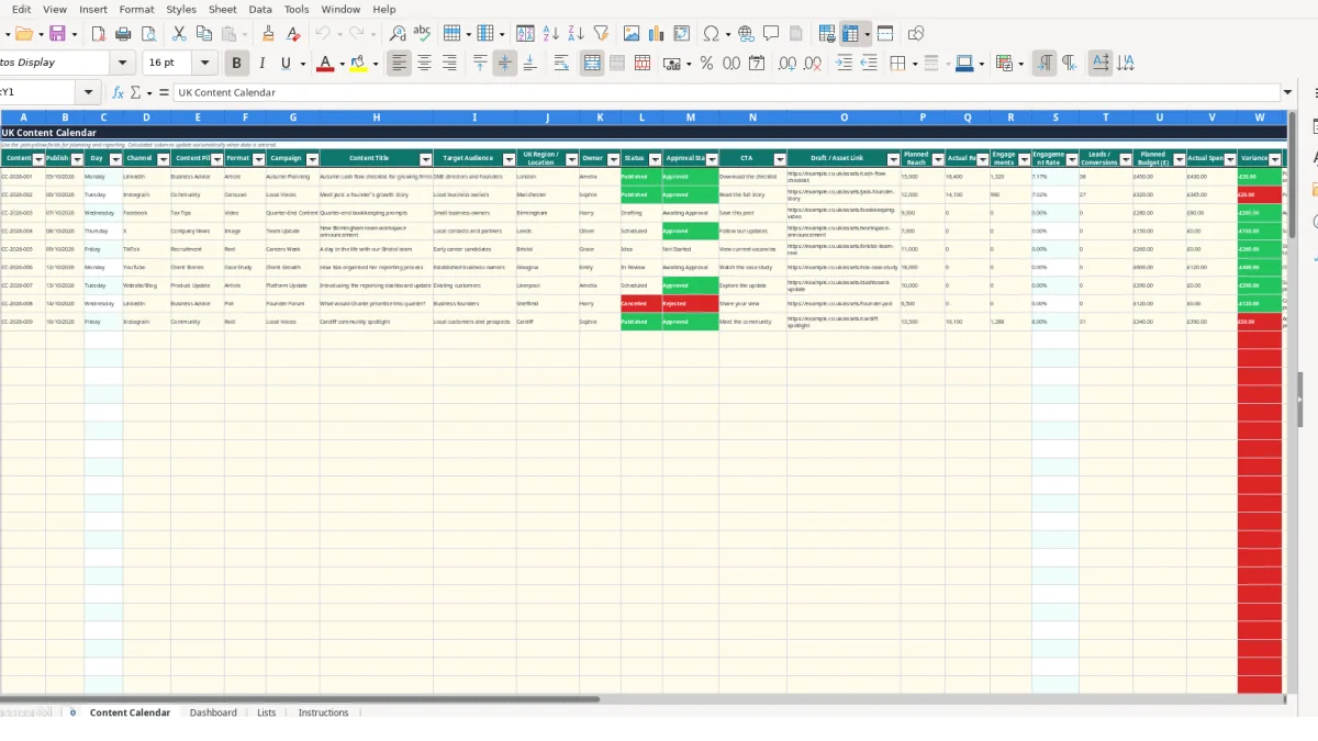 Screenshot 1: Content Calendar tab - Excel template content calendar excel template uk