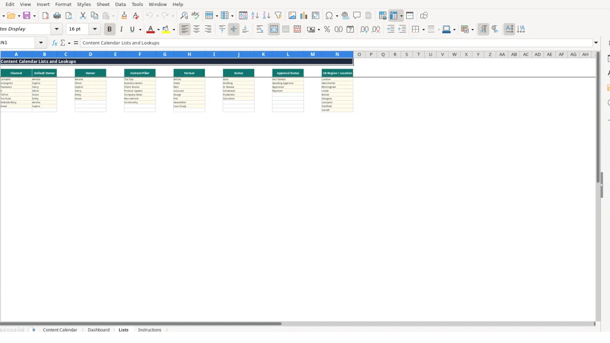 Screenshot 3: Lists tab - Excel template content calendar excel template uk