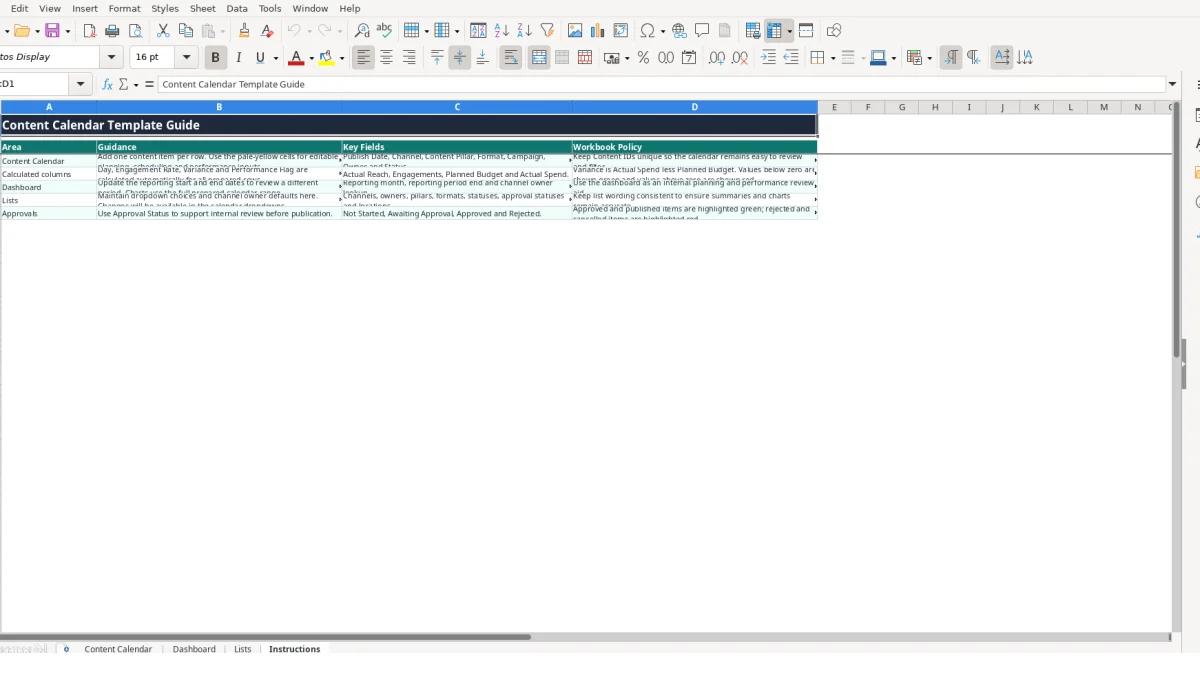 Screenshot 4: Instructions tab - Excel template content calendar excel template uk
