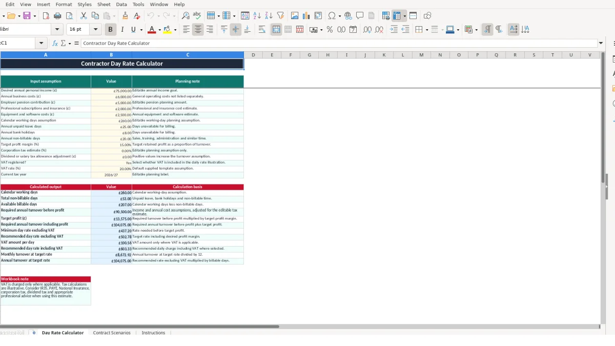 Screenshot 1: Day Rate Calculator tab - Excel template contractor day rate calculator excel template uk