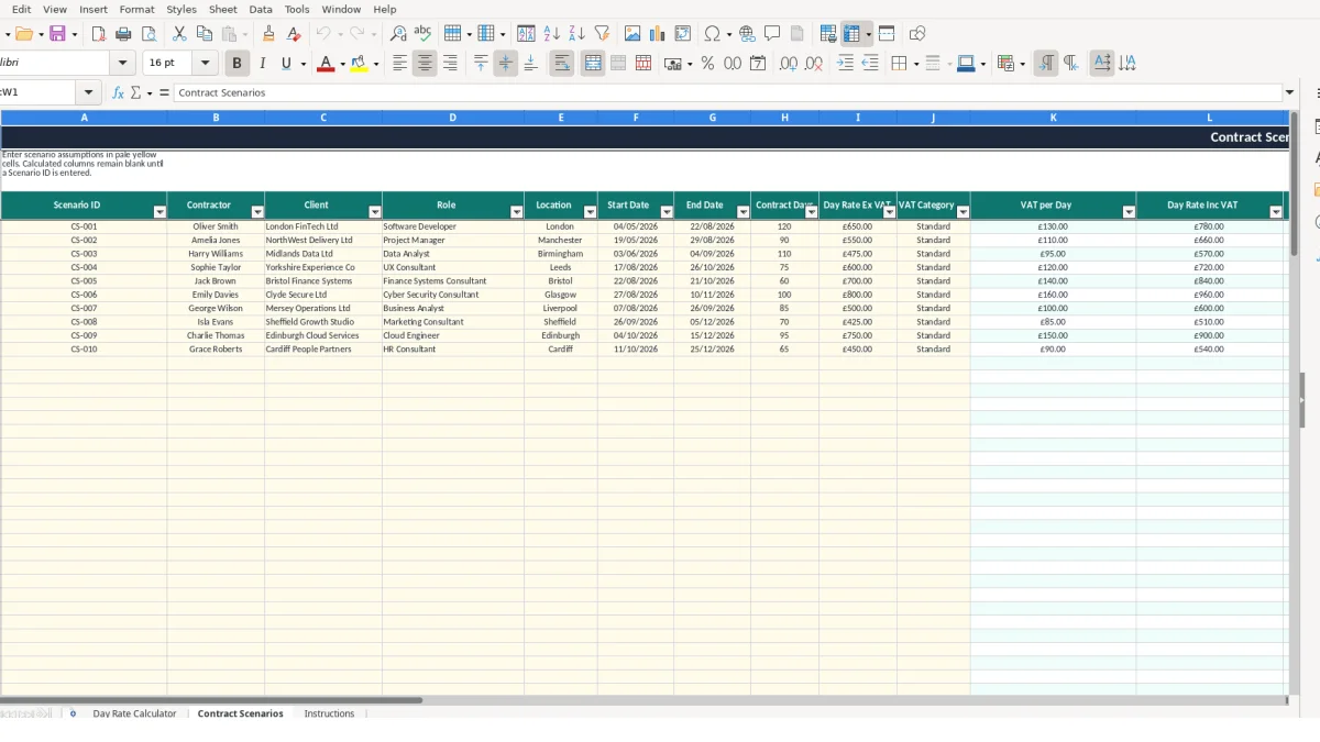 Screenshot 2: Contract Scenarios tab - Excel template contractor day rate calculator excel template uk