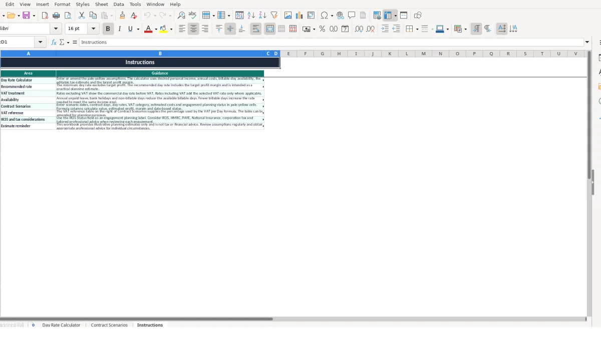 Screenshot 3: Instructions tab - Excel template contractor day rate calculator excel template uk