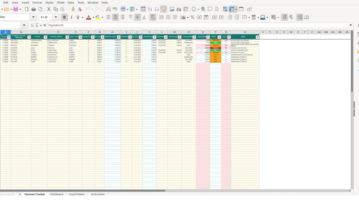 Screenshot 1: Payment Tracker tab - Excel template council tax payment tracker excel template uk