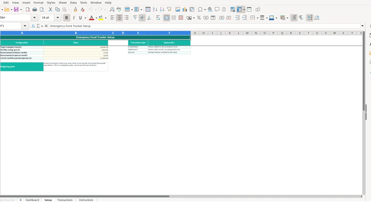 Screenshot 2: Setup tab - Excel template emergency fund tracker excel template uk
