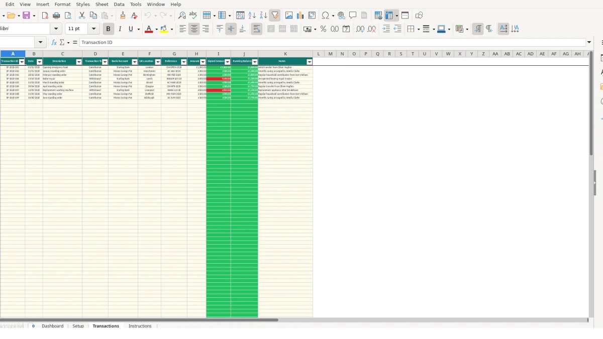 Screenshot 3: Transactions tab - Excel template emergency fund tracker excel template uk