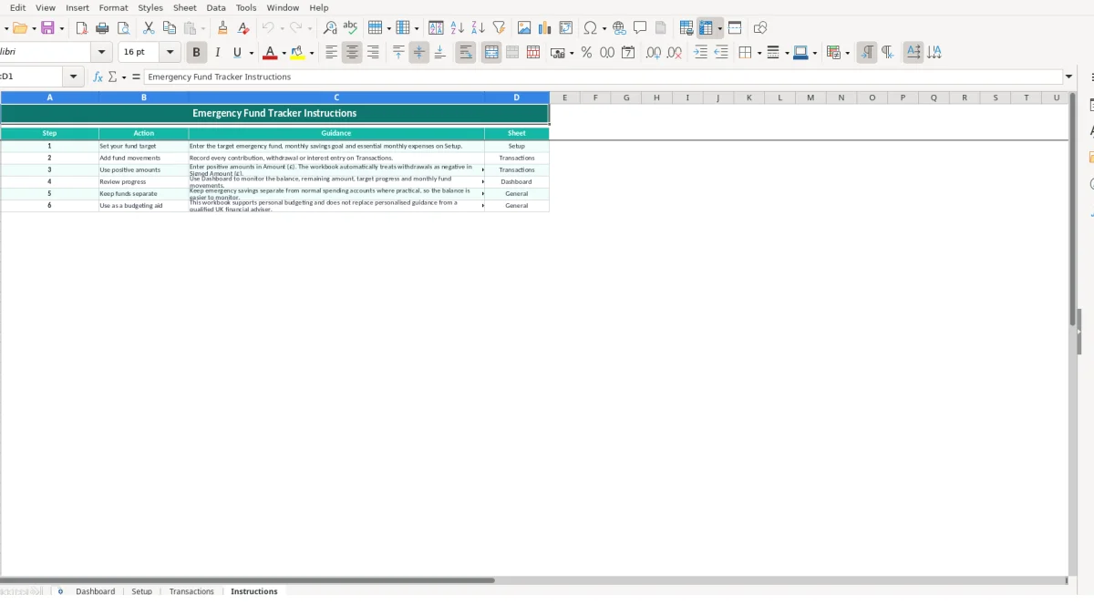 Screenshot 4: Instructions tab - Excel template emergency fund tracker excel template uk