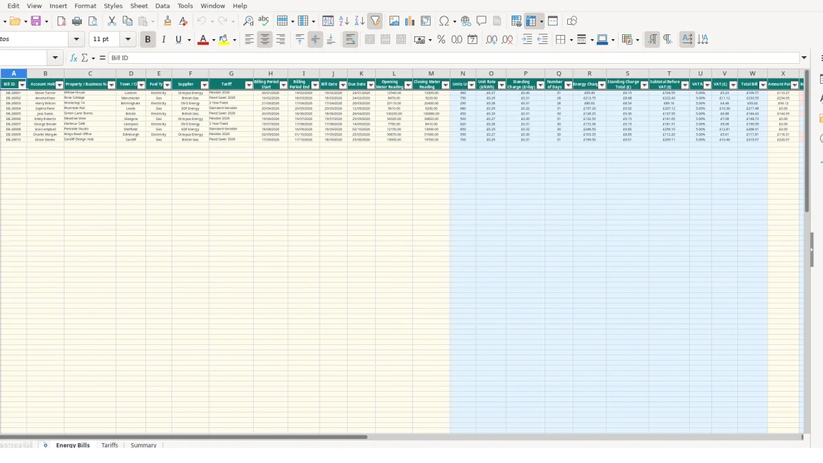 Screenshot 1: Energy Bills tab - Excel template energy bill tracker excel template uk
