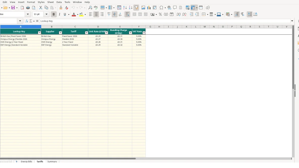Screenshot 2: Tariffs tab - Excel template energy bill tracker excel template uk