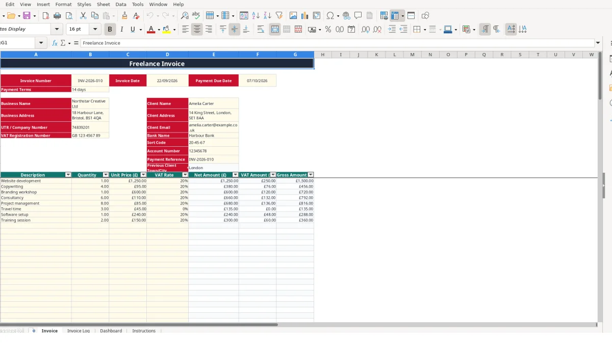Screenshot 1: Invoice tab - Excel template freelance invoice excel template uk