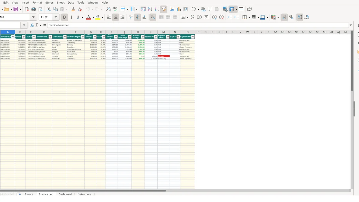 Screenshot 2: Invoice Log tab - Excel template freelance invoice excel template uk
