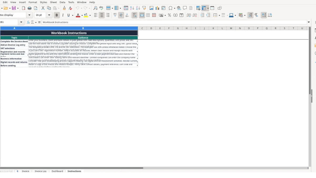 Screenshot 4: Instructions tab - Excel template freelance invoice excel template uk