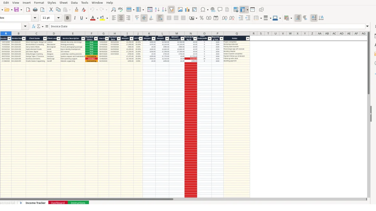 Screenshot 1: Income Tracker tab - Excel template freelancer income tracker excel template uk