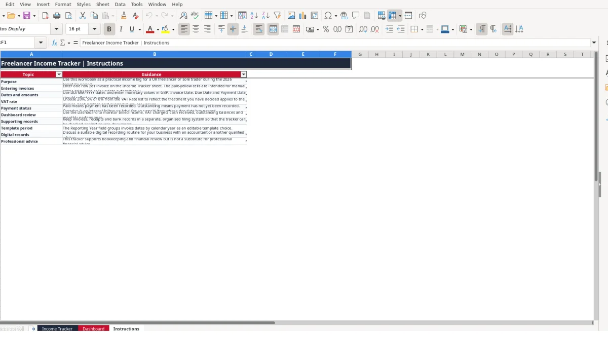 Screenshot 3: Instructions tab - Excel template freelancer income tracker excel template uk