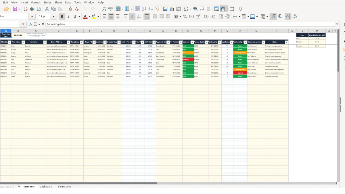 Screenshot 1: Members tab - Excel template gym membership tracker excel template uk